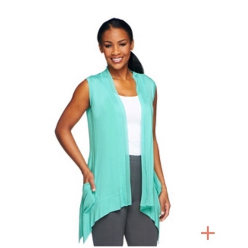 LOGO Lori Goldstein V-neck Vest with Chiffon Trim in Seaglass